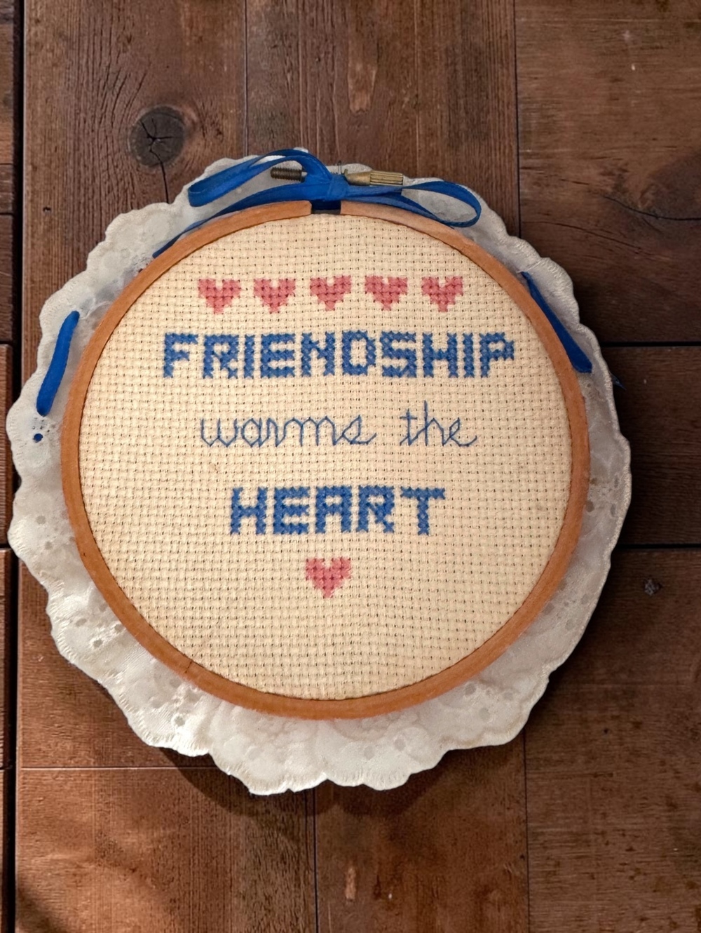 Vintage Friendship Warms the Heart Cross Stitch Embroidery Hoop Lace Wall Decor